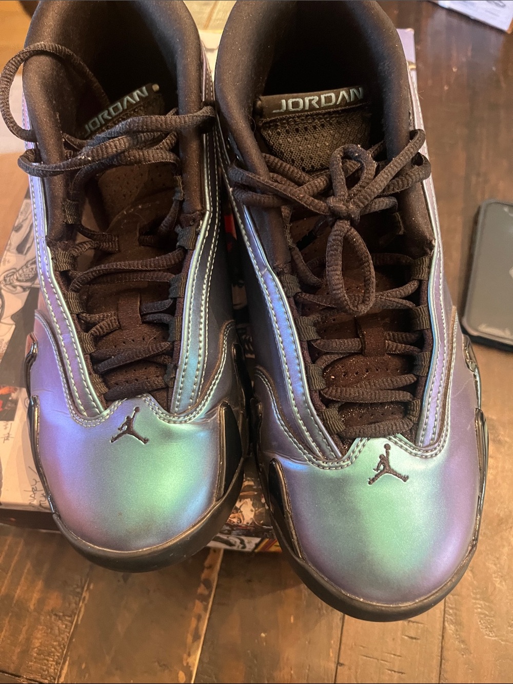 Jordan 14 Low Love Letter glossy metallic silver/black/purple